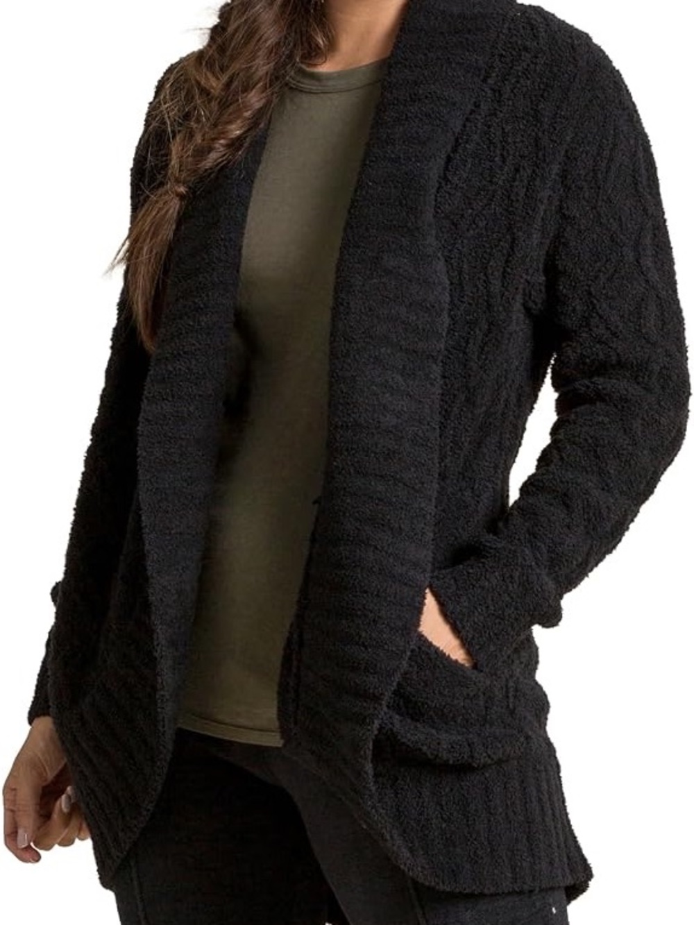 Barefoot Dreams Cozy/Chic Cable Knit Gray Open-Front Plush Cardigan | Medium
